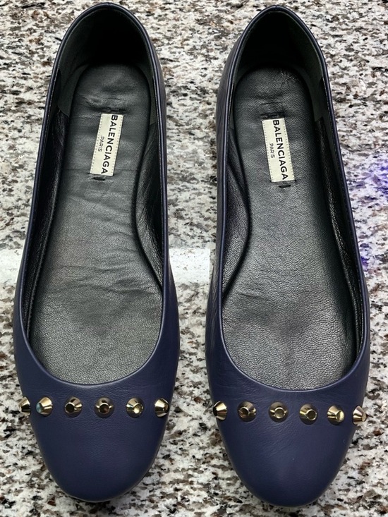 Balenciaga Shoes - Balenciaga Navy Blue Leather Studded Ballerina Flats 37.5 Gold Hardware
